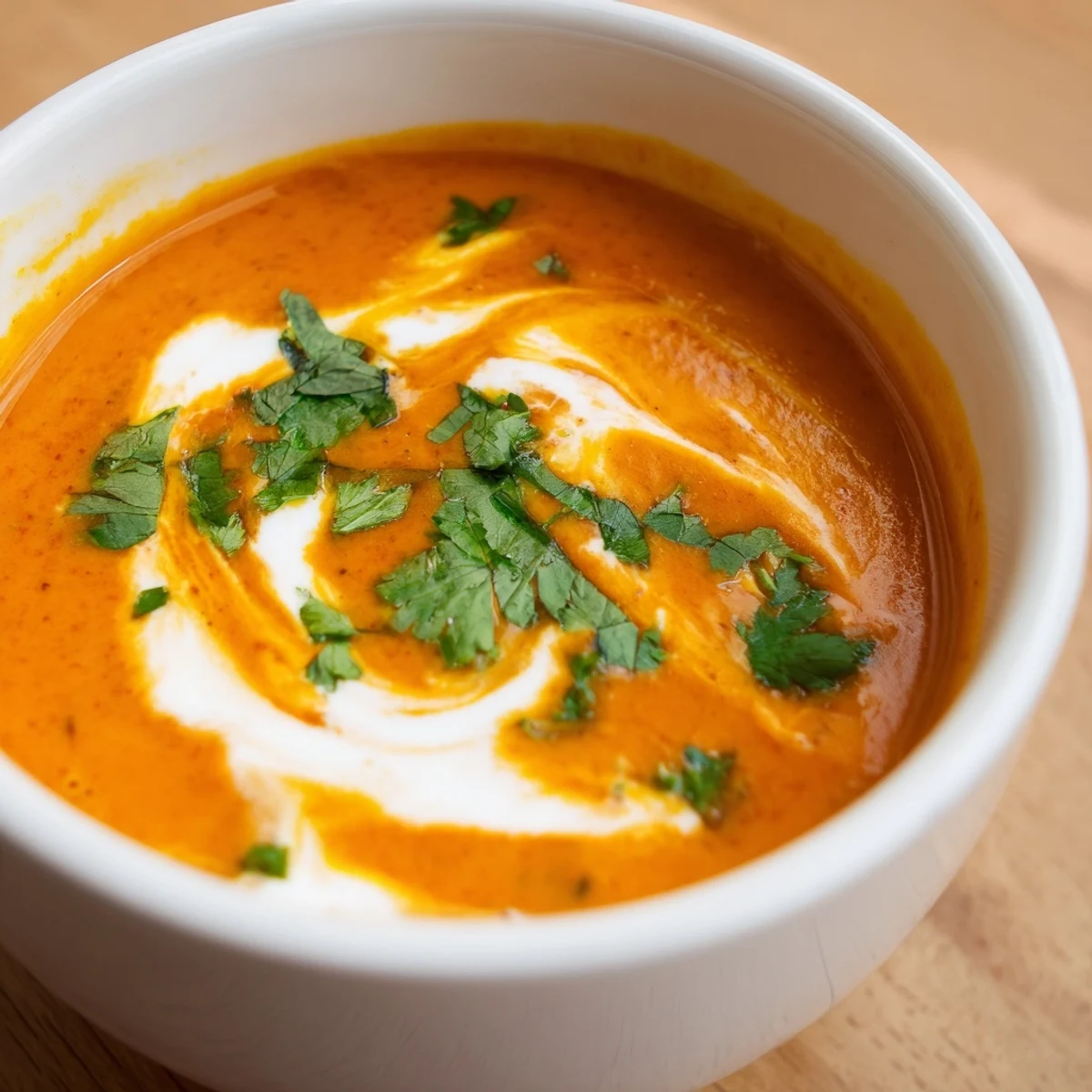 Vibrant orange Roasted Red Pepper and Sweet Potato Soup in a white bowl, ready with crusty bread.