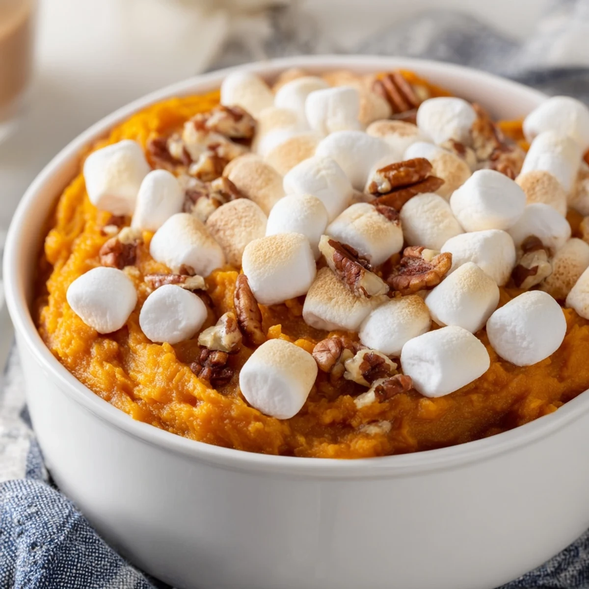 A baked Sweet Potato Casserole with a toasted marshmallow topping is ready to serve. 