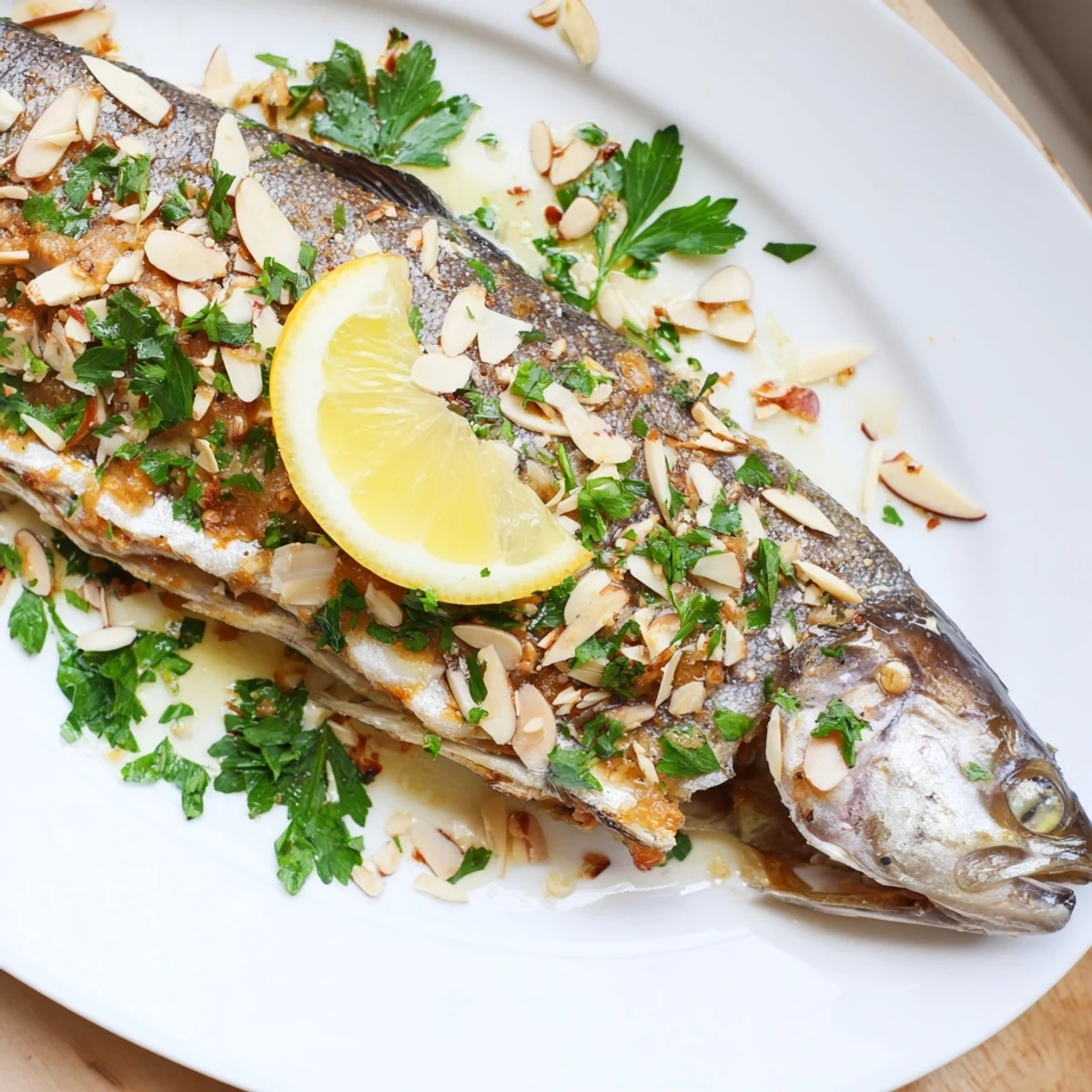 Whole Baked Trout with Almond Butter presented on a white plate, ready to be enjoyed.