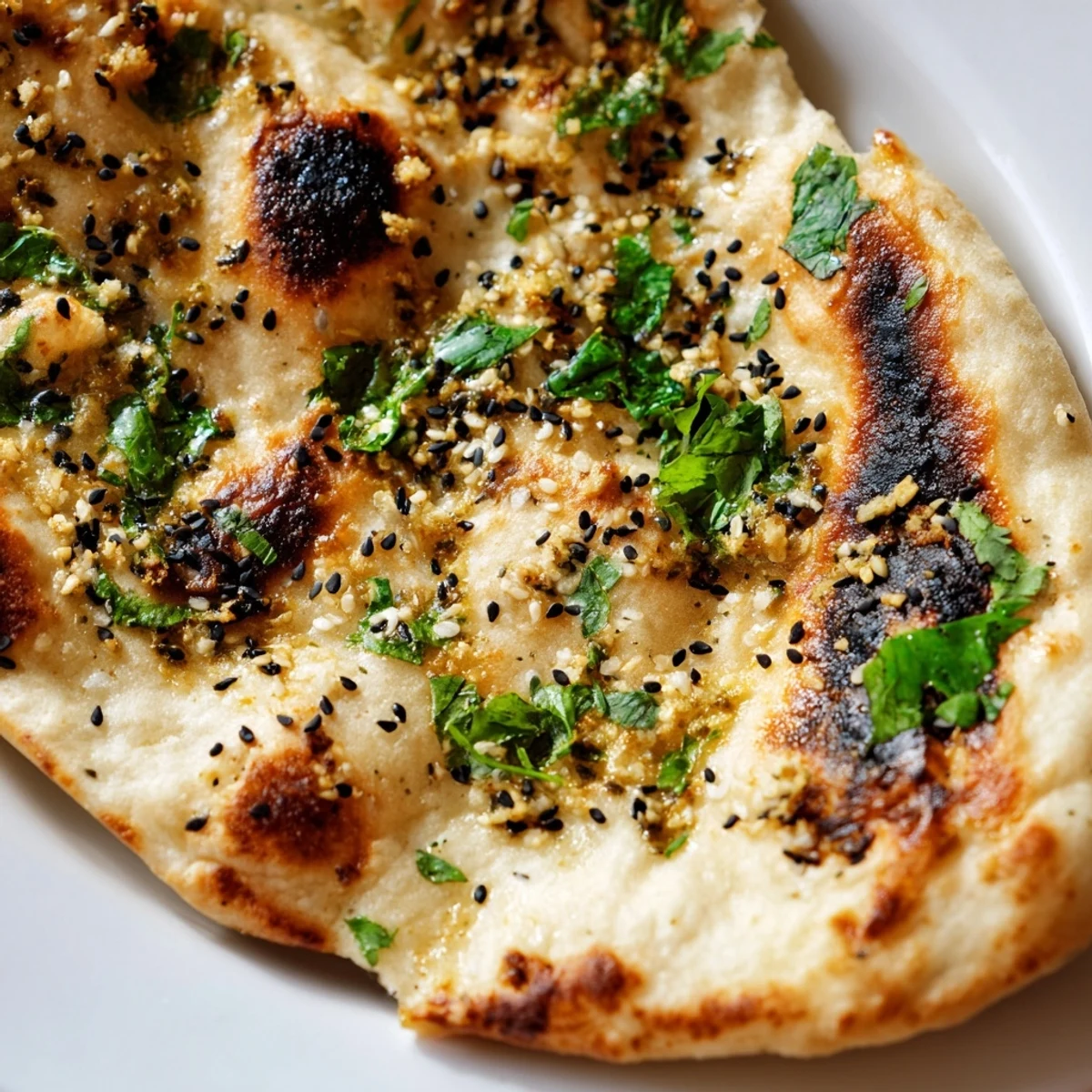Freshly baked Garlic Naan Bread with Nigella Seeds, brushed with ghee and topped with fresh cilantro, served warm alongside a creamy curry.