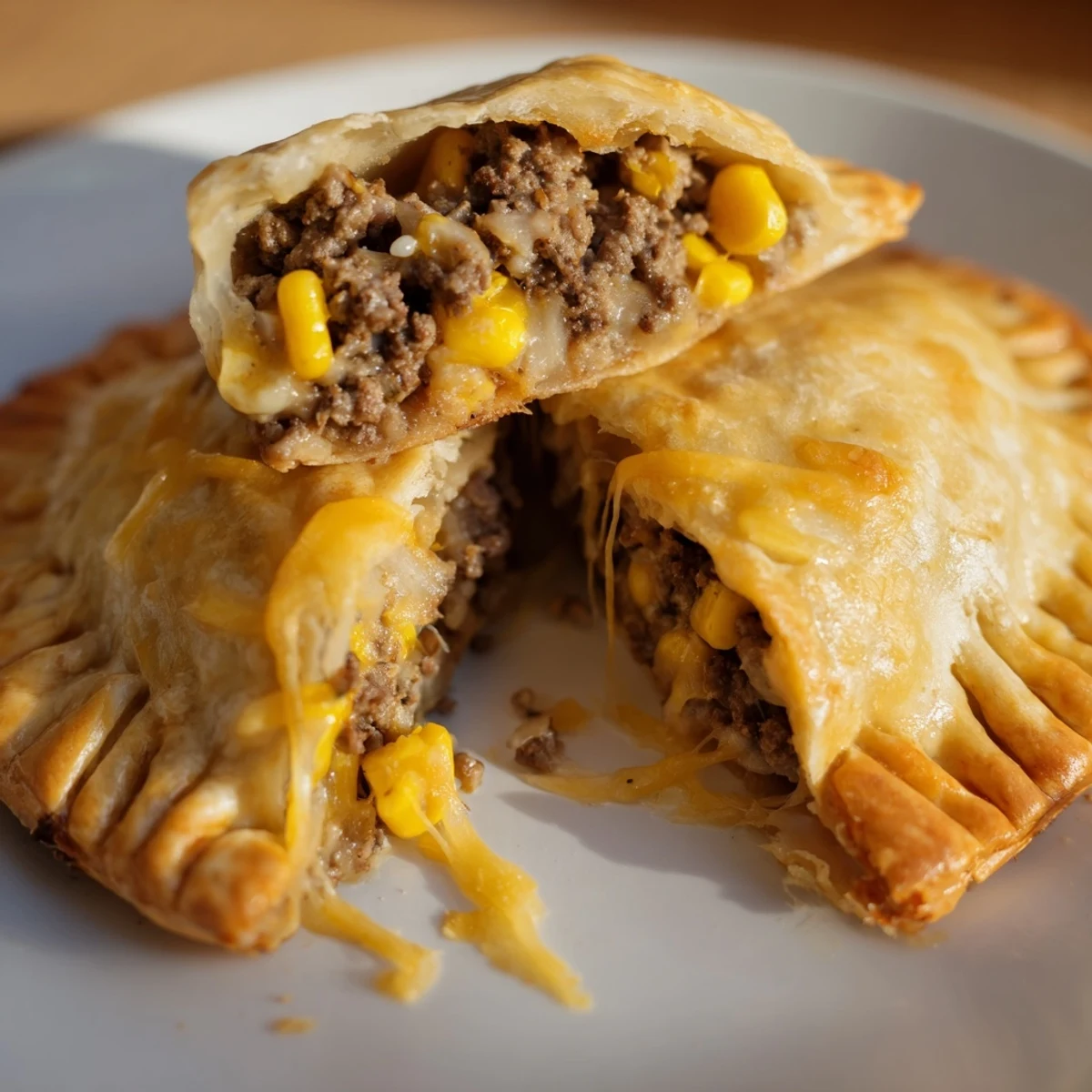 Golden, flaky Beef and Cheese Empanadas with Corn, brushed with egg wash and ready to be served with fresh salsa.