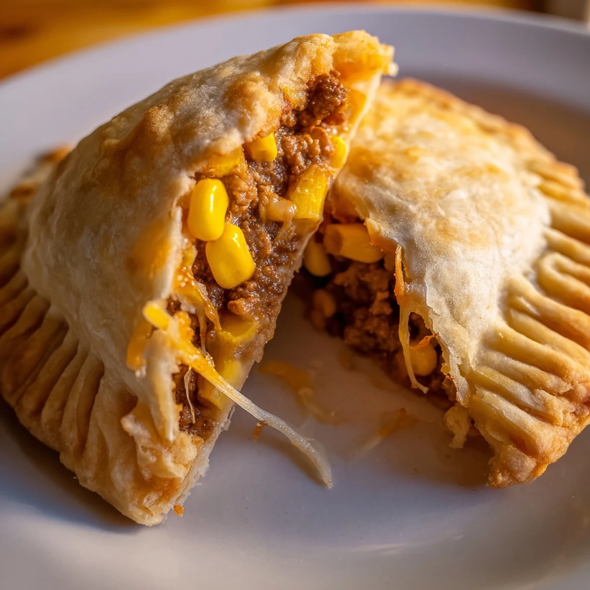 Twelve golden Beef and Cheese Empanadas with Corn filled with melty cheddar, mozzarella, and savory ground beef on a plate.
