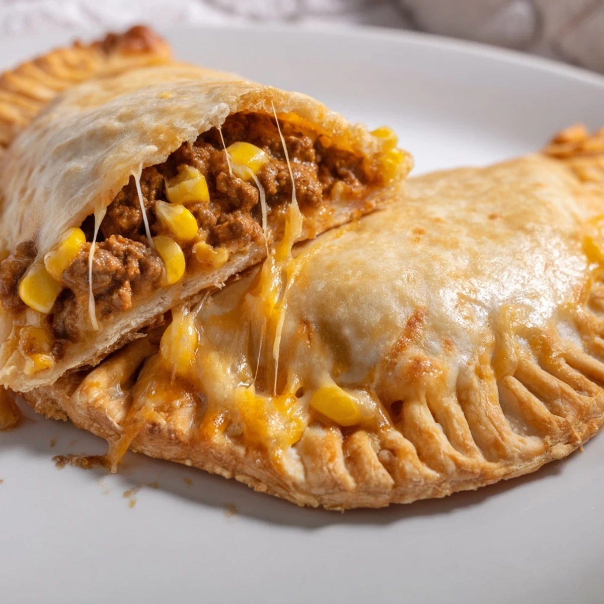 Close-up of baked Beef and Cheese Empanadas with Corn showing flaky crust and stuffing of corn and spices on baking sheet.