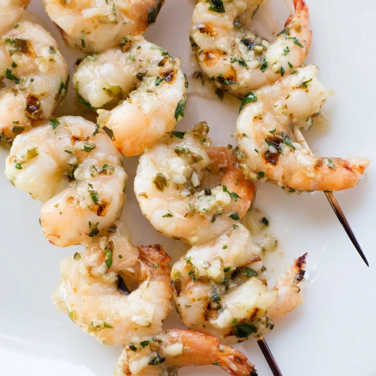 Bright Lemon Herb Grilled Shrimp Skewers garnished with parsley and served with lemon wedges on a platter.