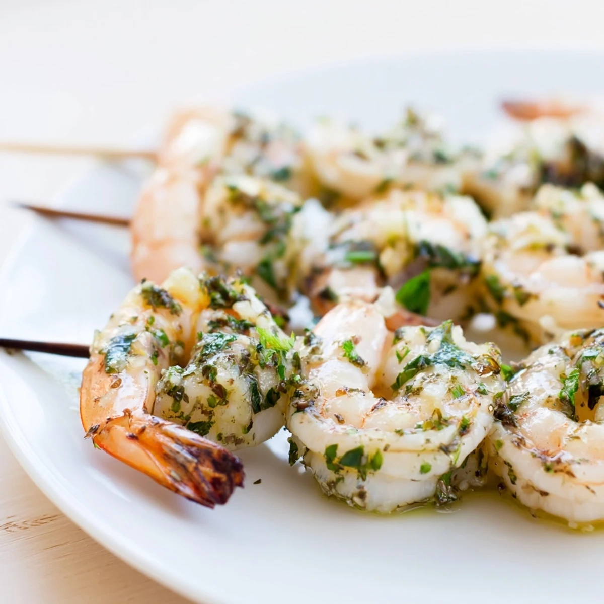 Lemon Herb Grilled Shrimp Skewers sizzling on a grill with visible char marks and fresh herbs.