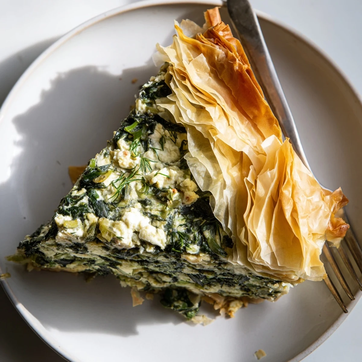 Golden-brown Savory Spinach Pie with Filo emerges from the oven with flaky, buttery layers and a vibrant green filling.