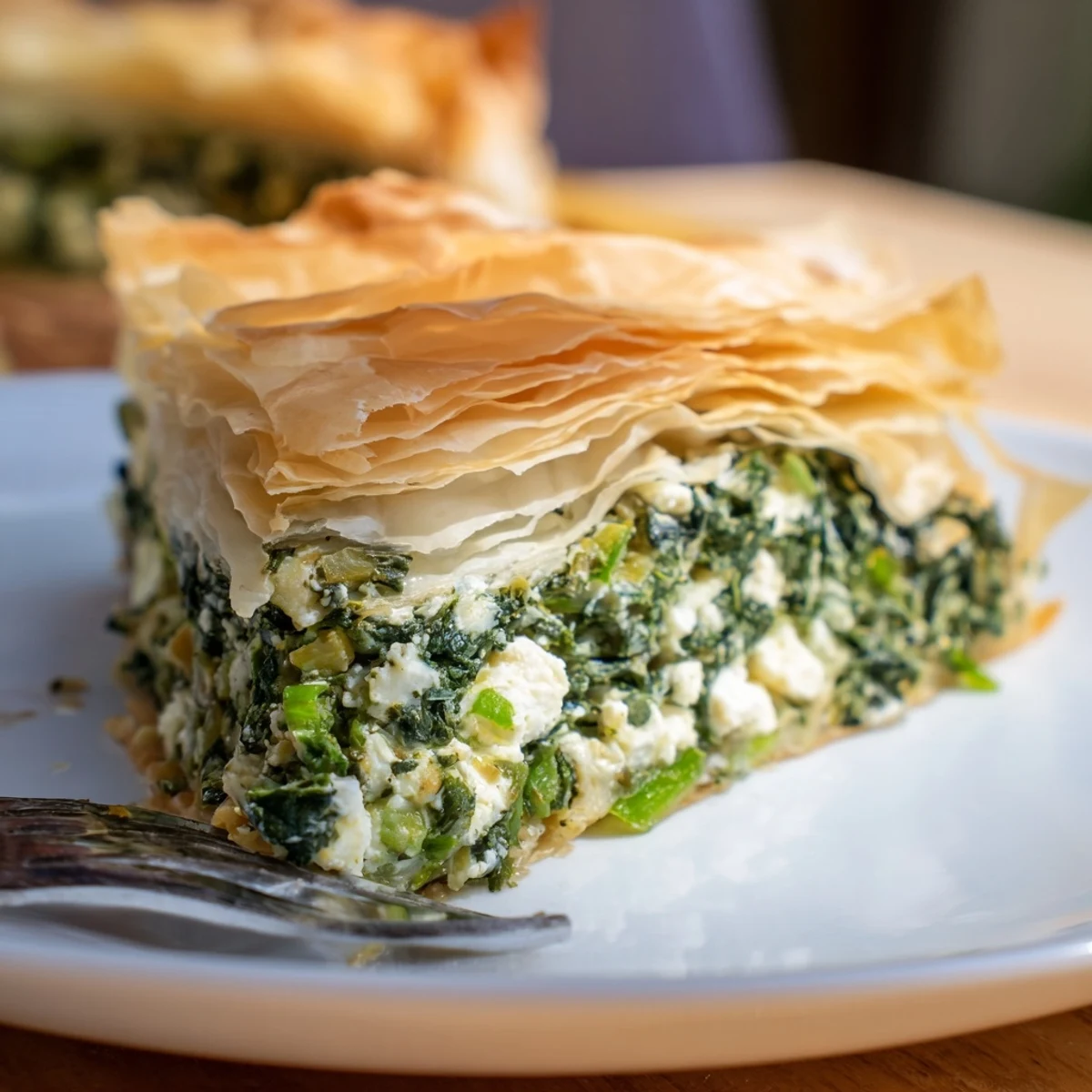 Savory Spinach Pie with Filo cut into wedges, garnished with fresh dill, ready to serve with a crisp side salad.