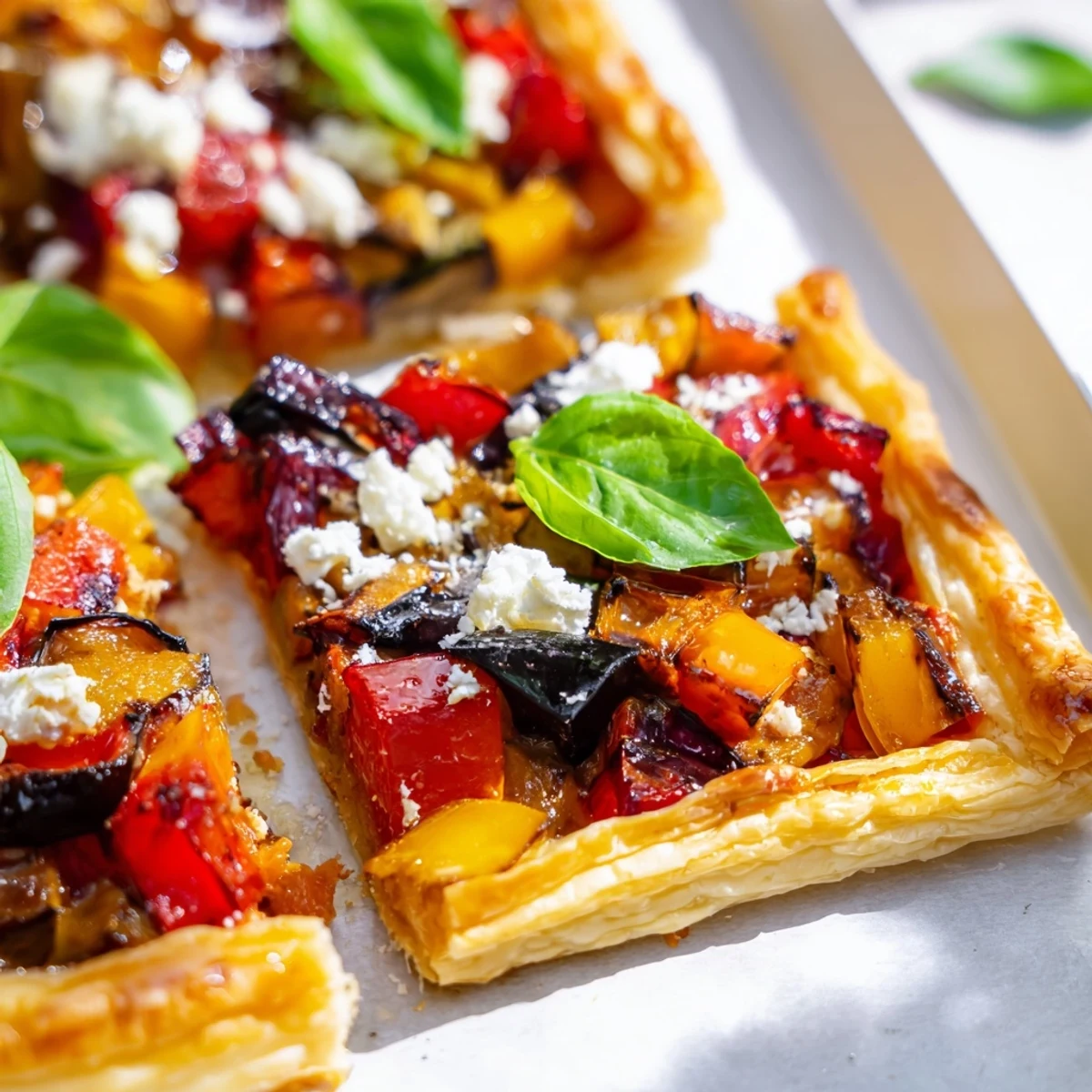 Golden, crispy puff pastry topped with colorful roasted vegetables and melted goat cheese, the Roasted Vegetable Tart served warm from the oven.