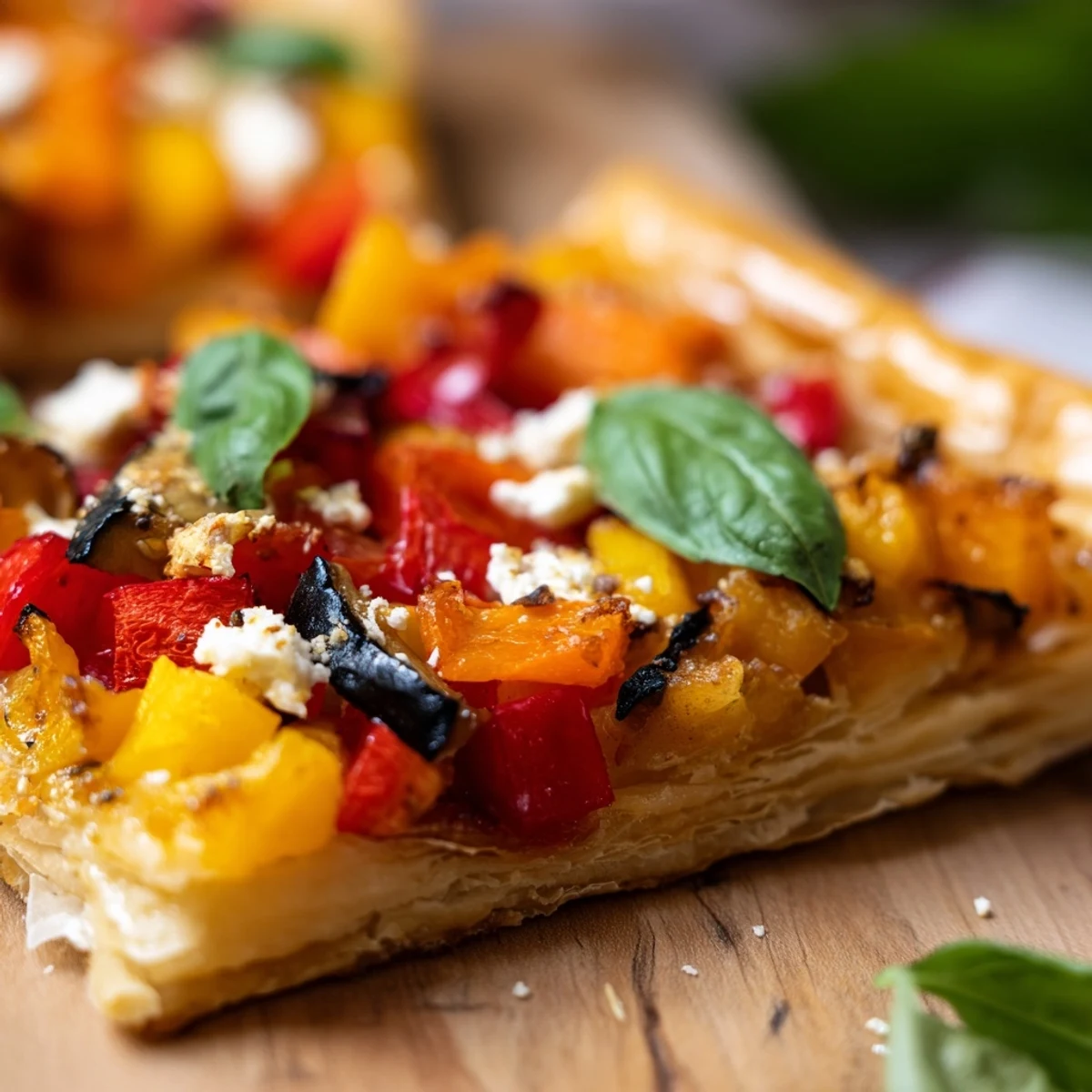 Fresh basil garnish crowns this rustic Roasted Vegetable Tart with Puff Pastry, paired with a crisp green salad for a light lunch.