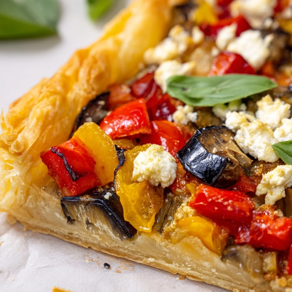 A close-up of the Roasted Vegetable Tart reveals caramelized zucchini and peppers, its flaky crust brushed with golden egg wash.
