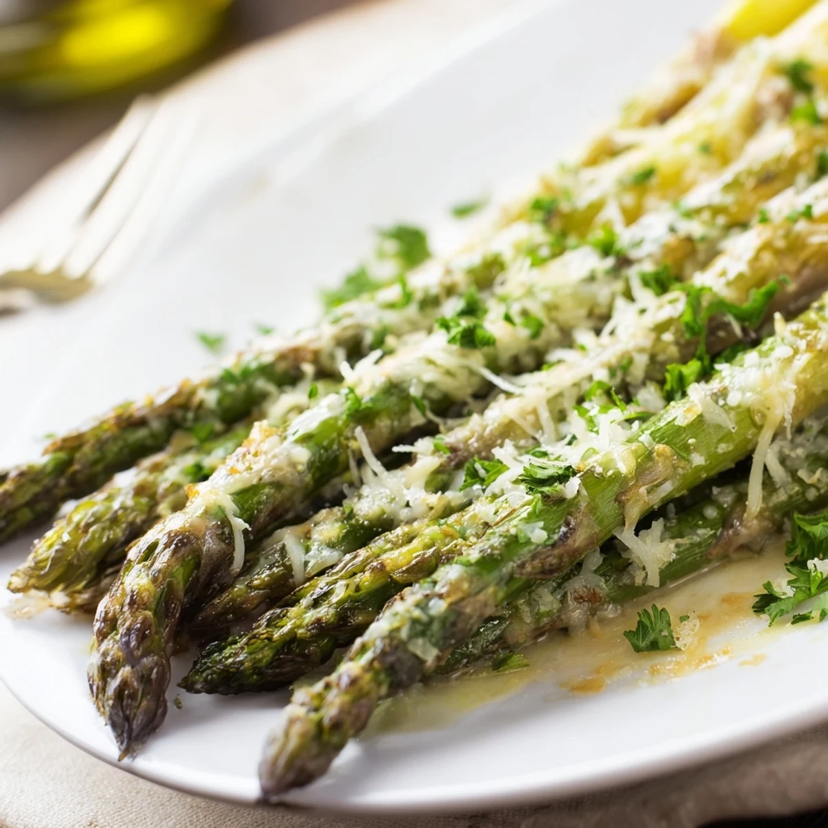 Tender baked asparagus spears with savory Parmesan cheese, drizzled with olive oil and fresh lemon for serving.