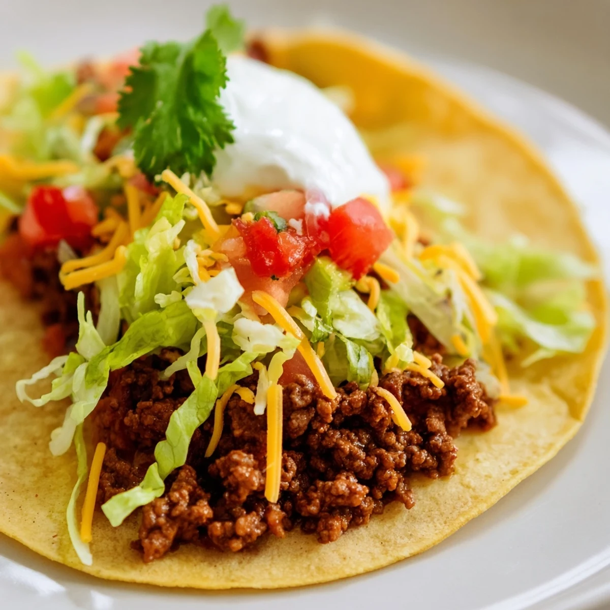 Freshly made Beef Tacos with Homemade Taco Seasoning filled with savory ground beef, topped with lettuce, cheese, and sour cream on warm tortillas. 