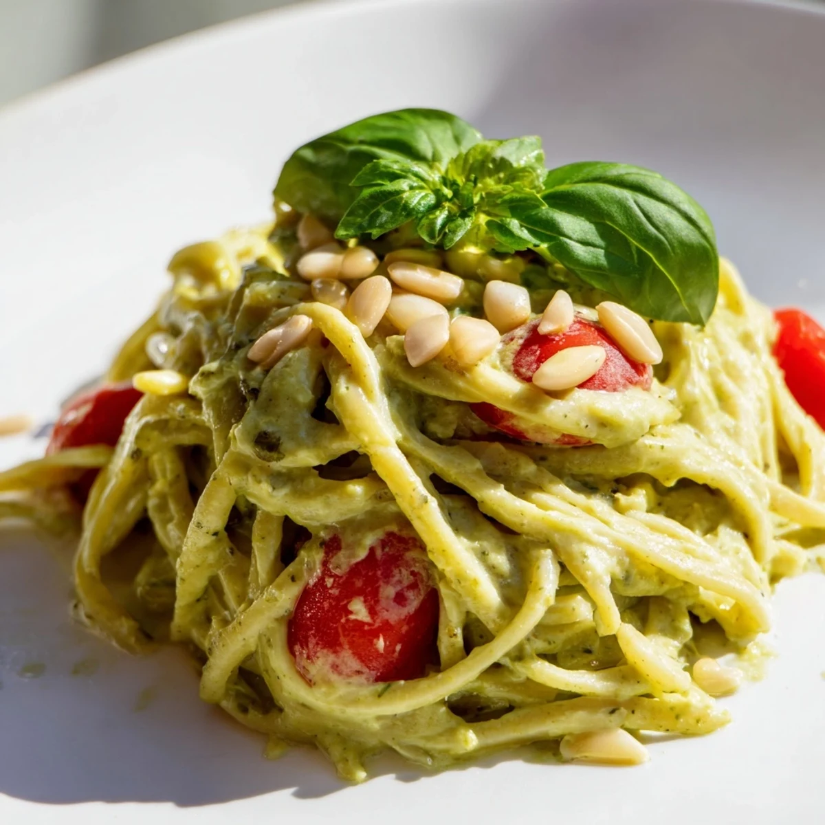 Creamy Avocado Lime Pasta with Cherry Tomatoes tossed in a vibrant green sauce, served warm in a white bowl with fresh basil and halved tomatoes.