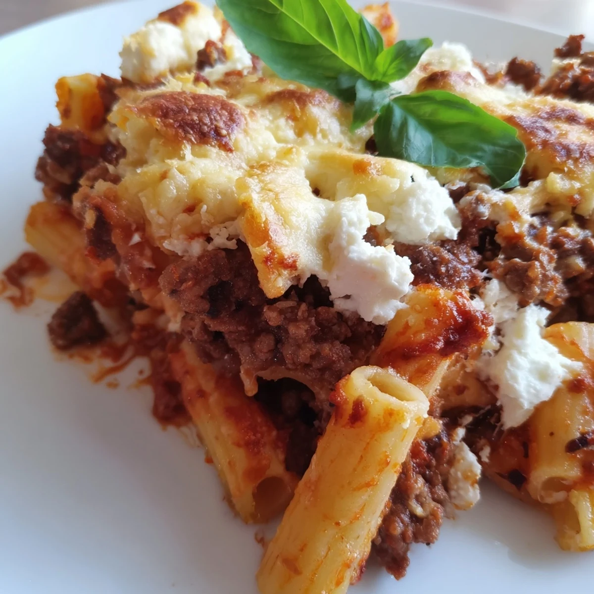 Serving of Baked Ziti with Ground Beef and Mozzarella lifted from the dish, showing melted mozzarella strands and rich red sauce.