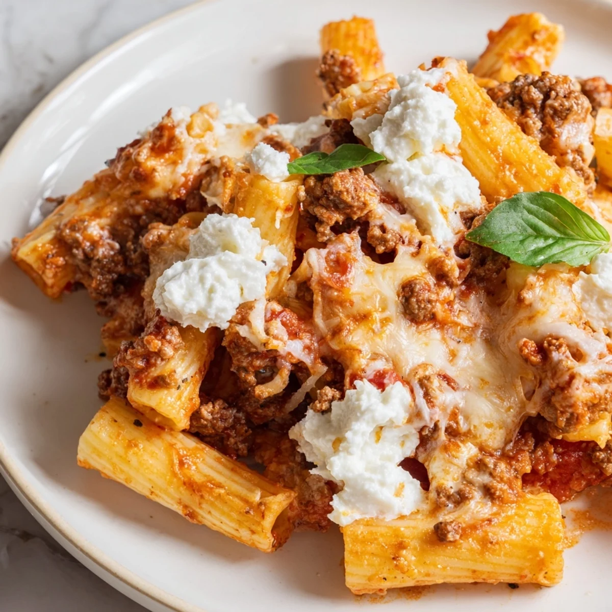 A family-style pan of Baked Ziti with Ground Beef and Mozzarella garnished with fresh basil, ready to be served for dinner.