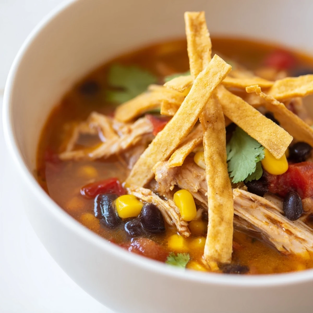 Hearty Chicken Tortilla Soup served in a rustic bowl, loaded with black beans, corn, and topped with crunchy golden tortilla strips and fresh cilantro.