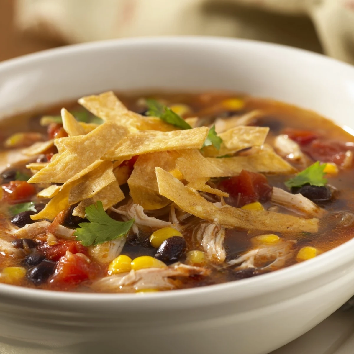 Close-up view of simmering Chicken Tortilla Soup, showcasing tender shredded chicken in a rich red broth with lime wedges and vibrant veggies nearby.