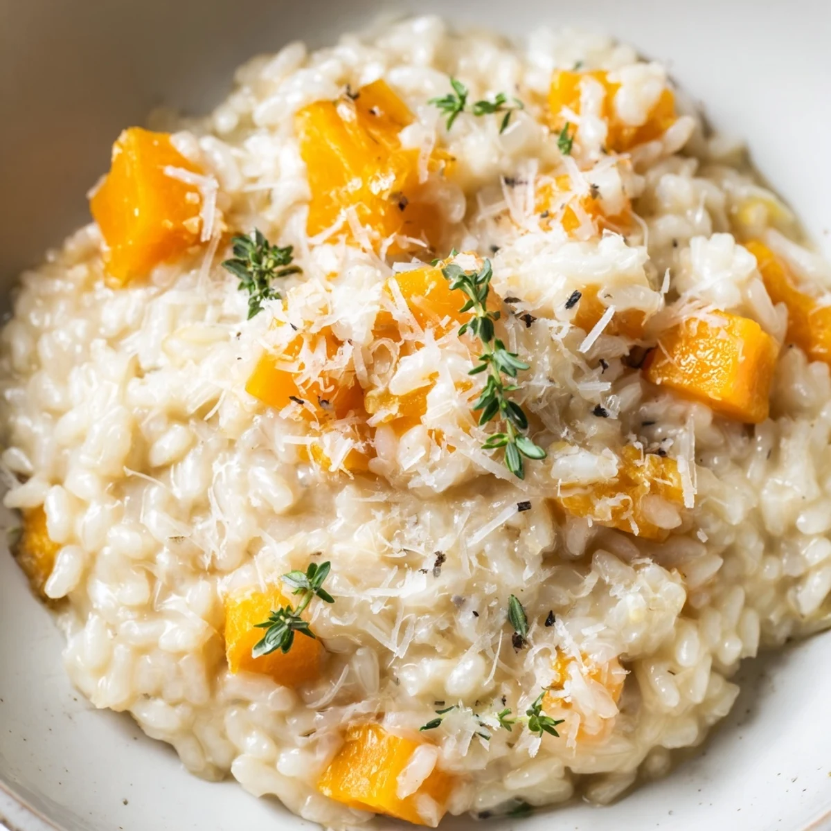 A bowl of creamy Winter Squash Risotto topped with fresh thyme and a generous snow of Parmesan cheese.