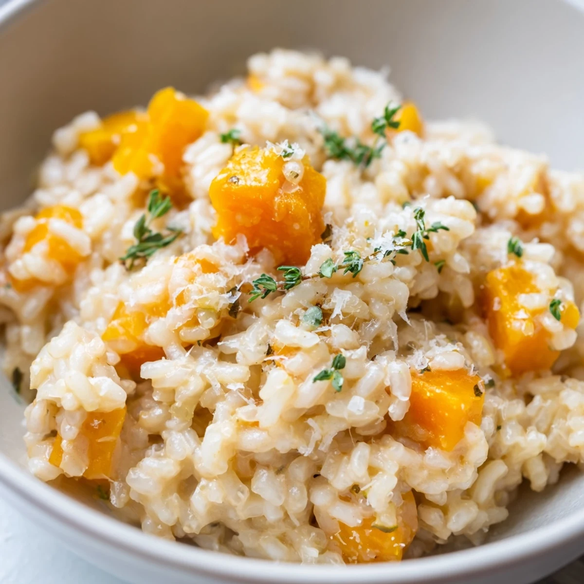 Winter Squash Risotto is plated alongside a glass of white wine for a perfect cozy dinner.