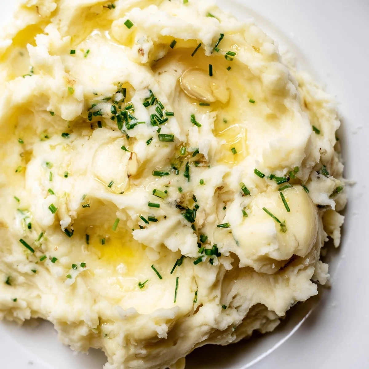 A bowl of Roasted Garlic Mashed Potatoes topped with fresh green chives, offering a creamy and fluffy texture.