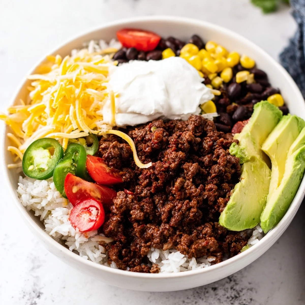 Freshly made Beef Burrito Bowls with cilantro lime rice, seasoned beef, avocado, black beans, and cheese in a vibrant bowl.