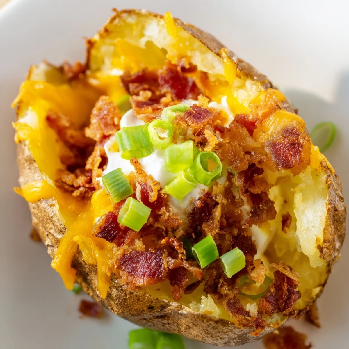 Crispy potato skins loaded with melted cheddar and smoky bacon crumbles, topped with fresh green onions and a dollop of sour cream.