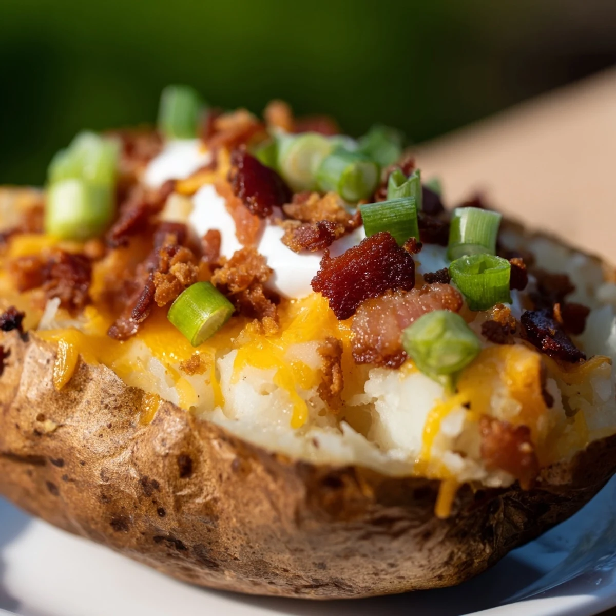 Freshly baked Crispy Potato Skins with crispy edges, cheddar cheese, bacon bits, and sliced green onions on a rustic serving platter.