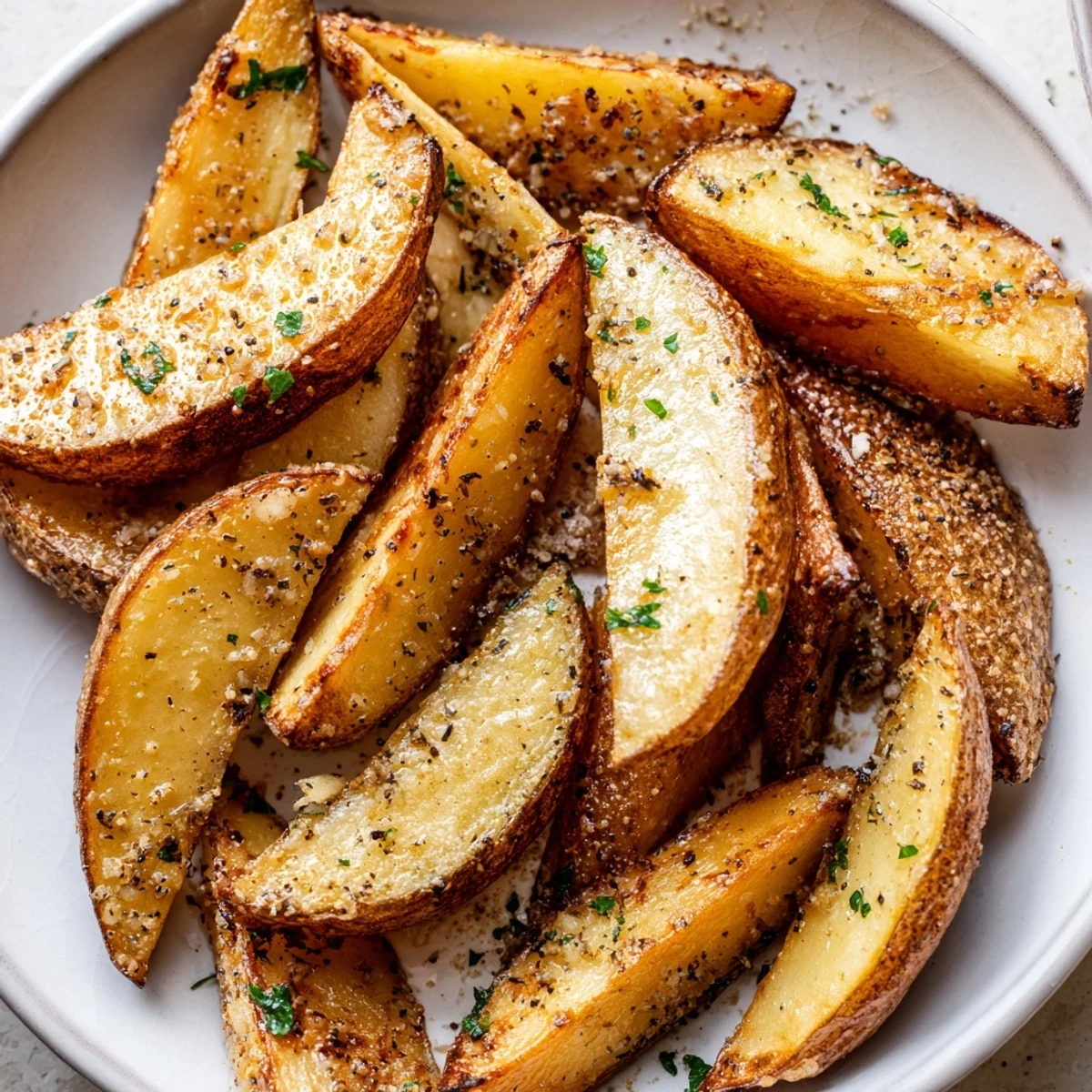 Freshly baked Lemon Potato Wedges piled high on a platter, surrounded by lemon slices and a small bowl of dip.