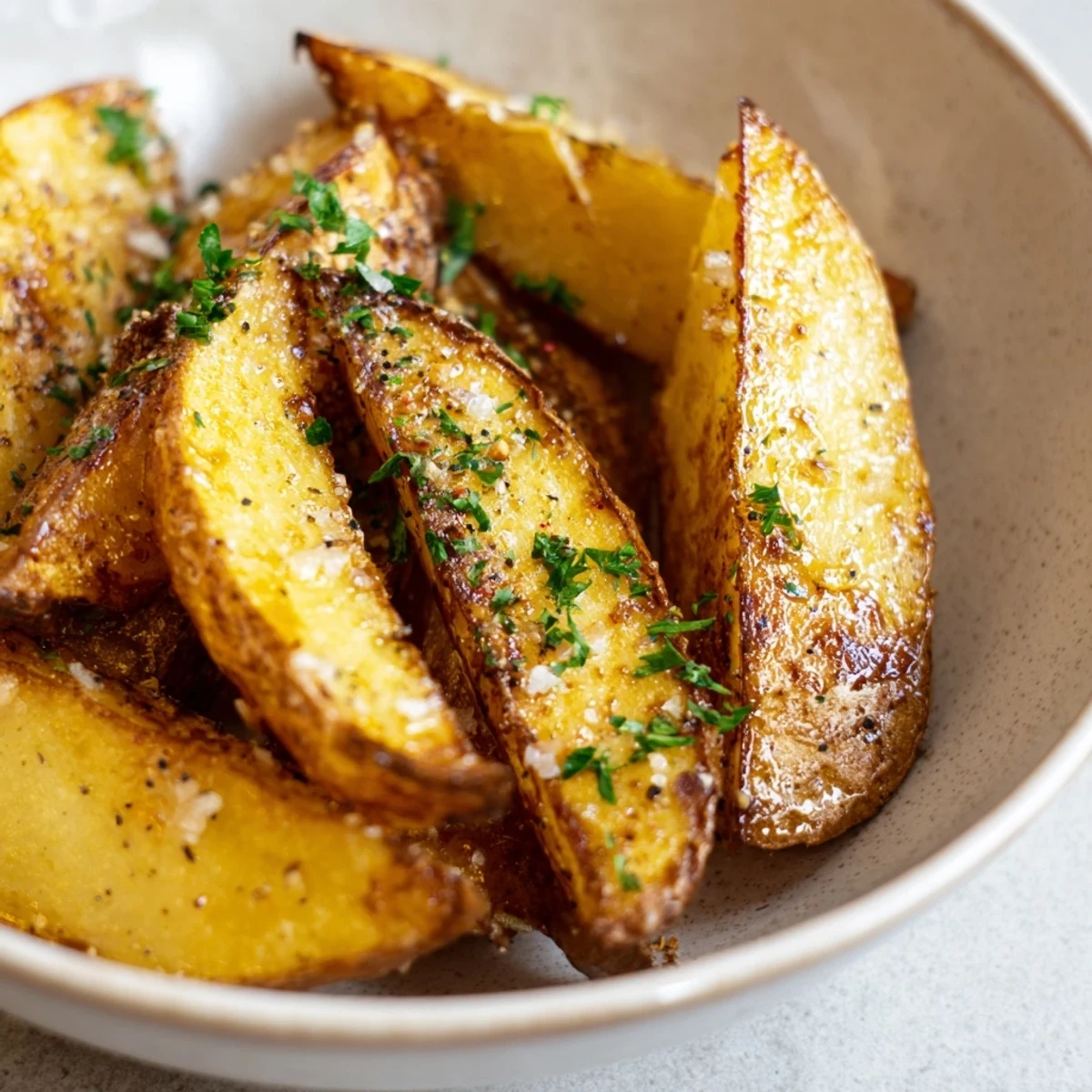 Golden-brown crispy Lemon Potato Wedges fresh from the oven, garnished with fresh parsley and lemon wedges.