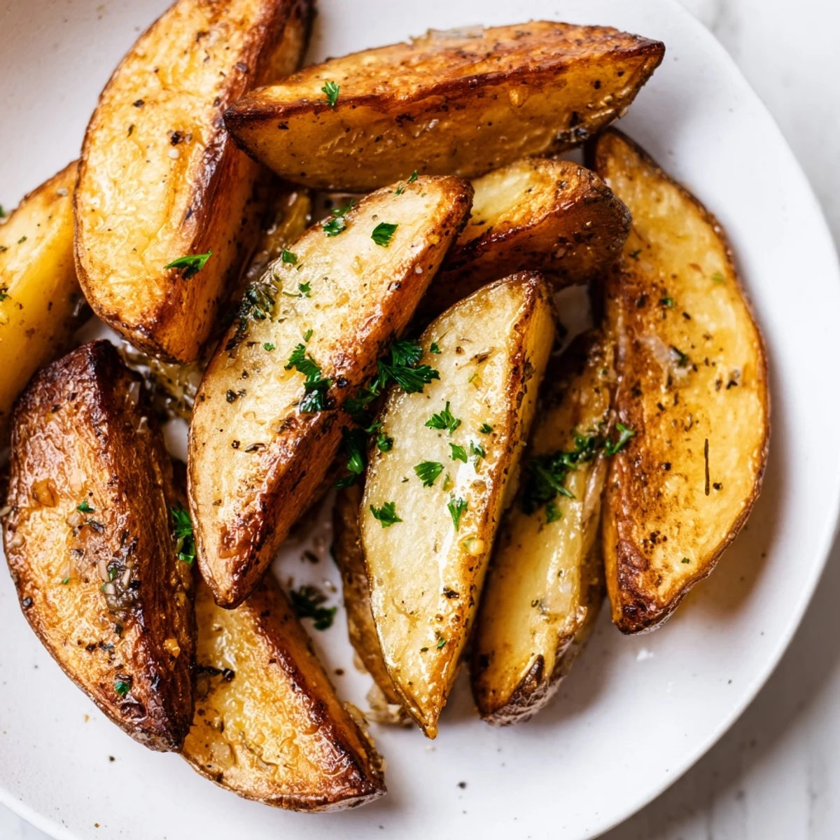 Seasoned Lemon Potato Wedges with crispy edges, served on a rustic wooden board with lemon zest and herbs.