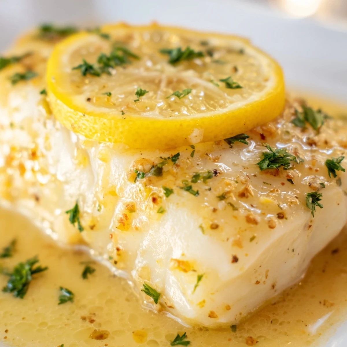 Flaky, tender Baked Fish with Lemon Butter fillets served from a glass baking dish, garnished with chopped parsley and fresh lemon.