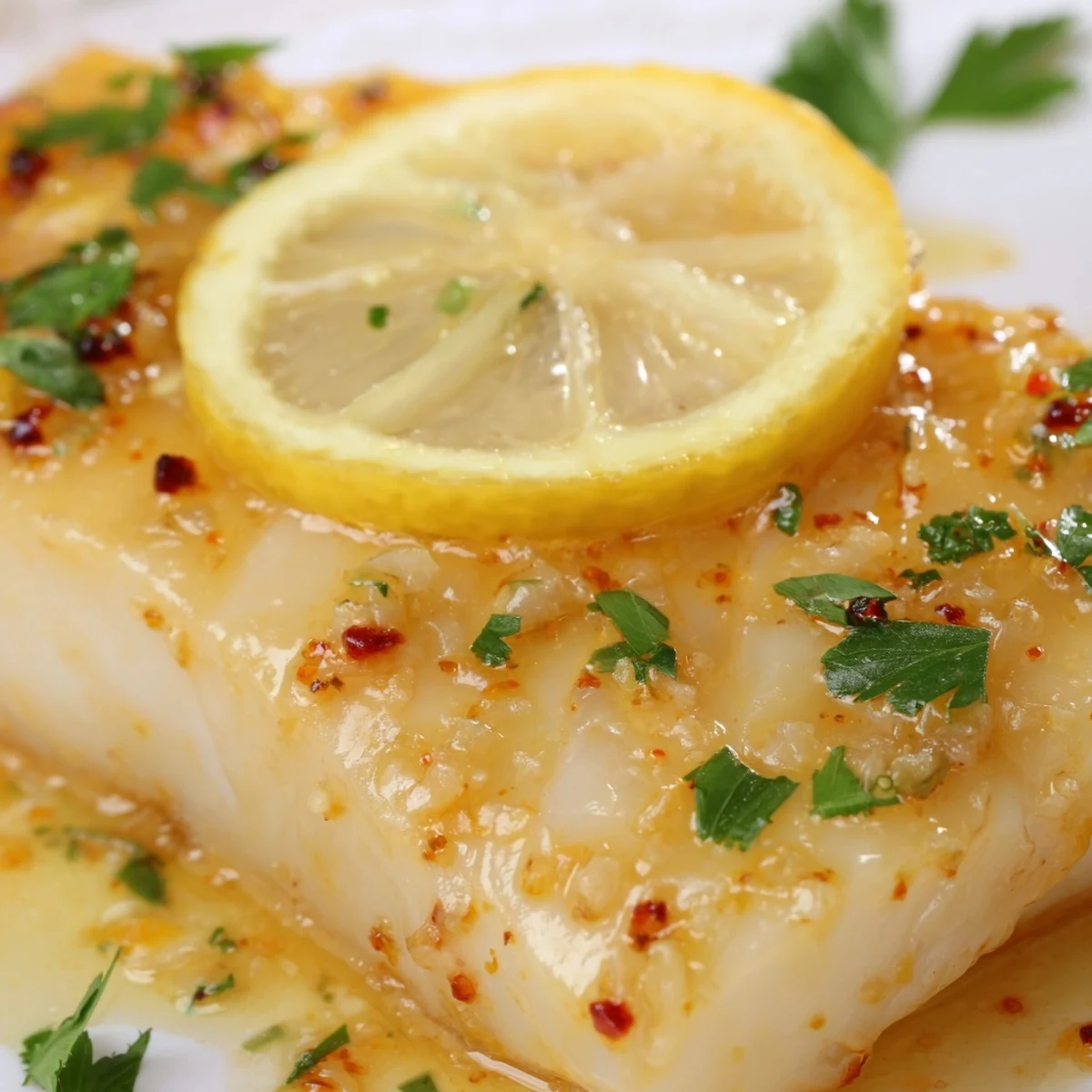 Golden brown Baked Fish with Lemon Butter fillets in a white baking dish, topped with fresh parsley and lemon slices for a zesty finish.