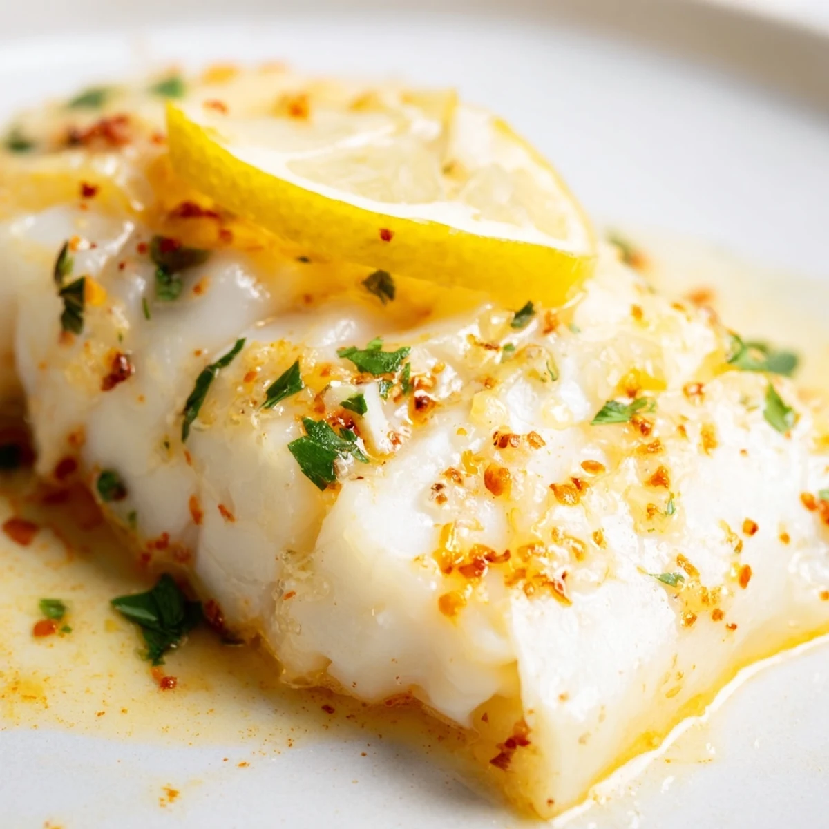 A close-up of Baked Fish with Lemon Butter in a baking dish, featuring a glistening lemon butter sauce and vibrant green parsley garnish.