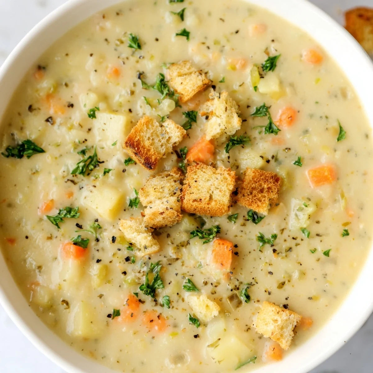 Creamy Soup Bowl garnished with parsley and croutons, a warm, velvety vegetarian dinner perfect for chilly autumn evenings.