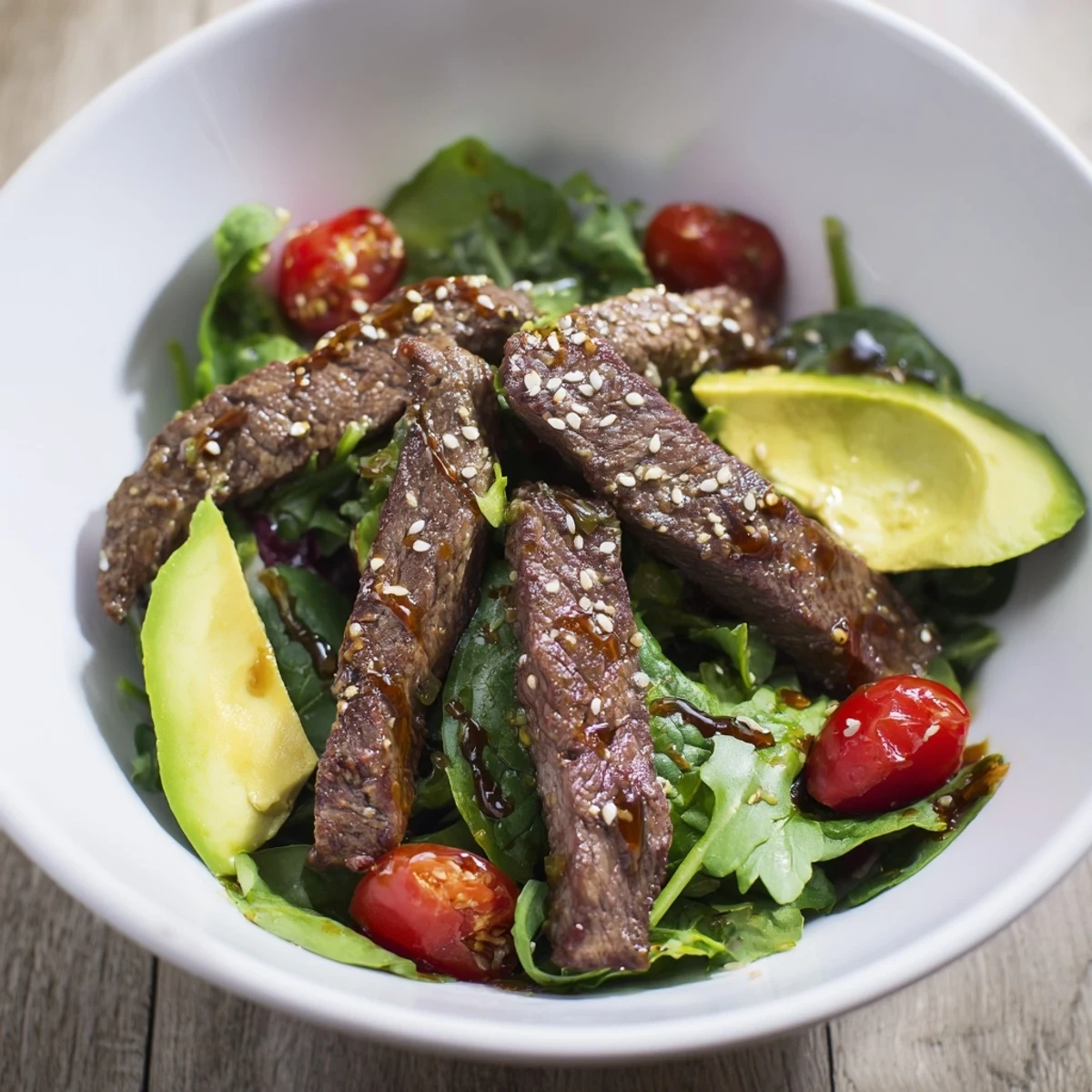 Freshly seared beef strips with avocado and cherry tomatoes in a zesty balsamic vinaigrette, showcasing the vibrant Beef Salad Bowl.