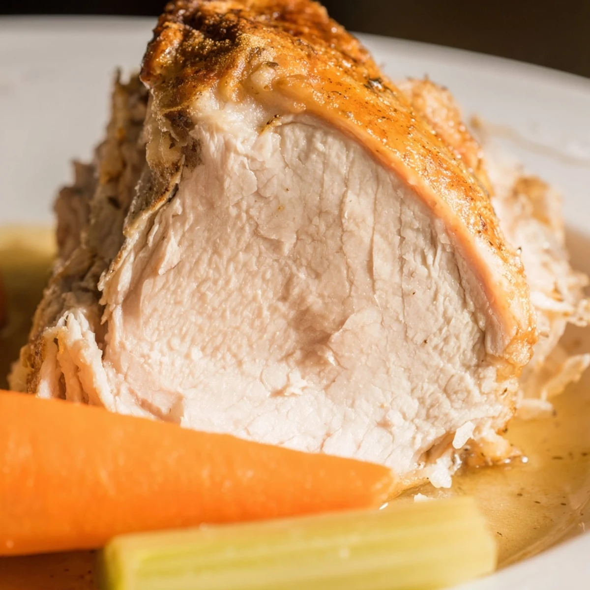 Golden-brown, crispy-skinned Turkey Pan Roast rests beside tender roasted carrots and onions in a rustic pan.