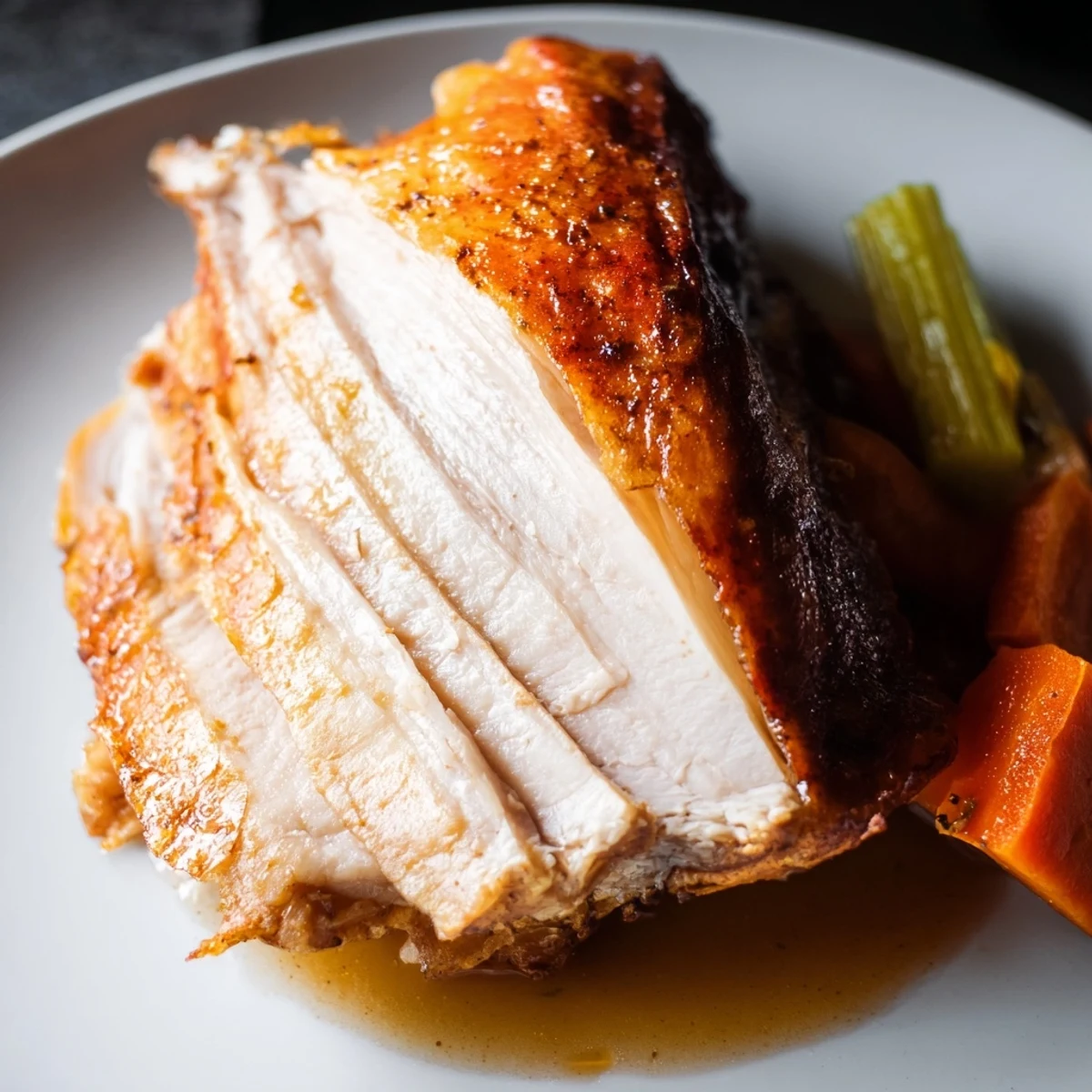 Sliced, juicy Turkey Pan Roast is served with glazed carrots and celery on a wooden board for a family meal.