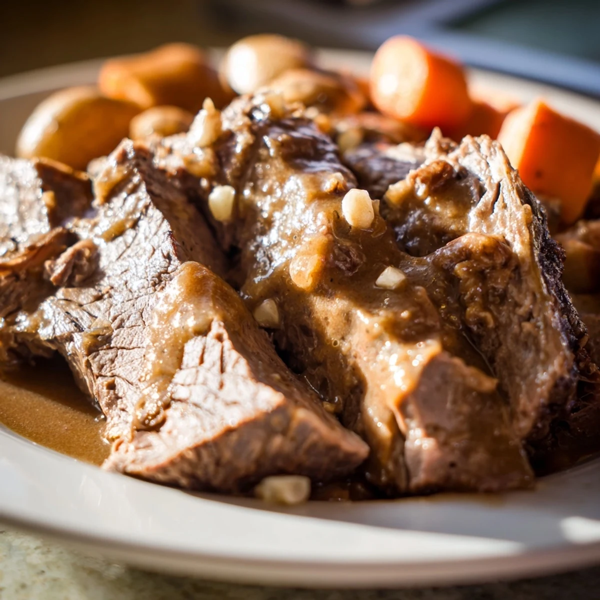 Slow Cooker Beef Roast served as a hearty meal, paired with a rustic slice of bread.