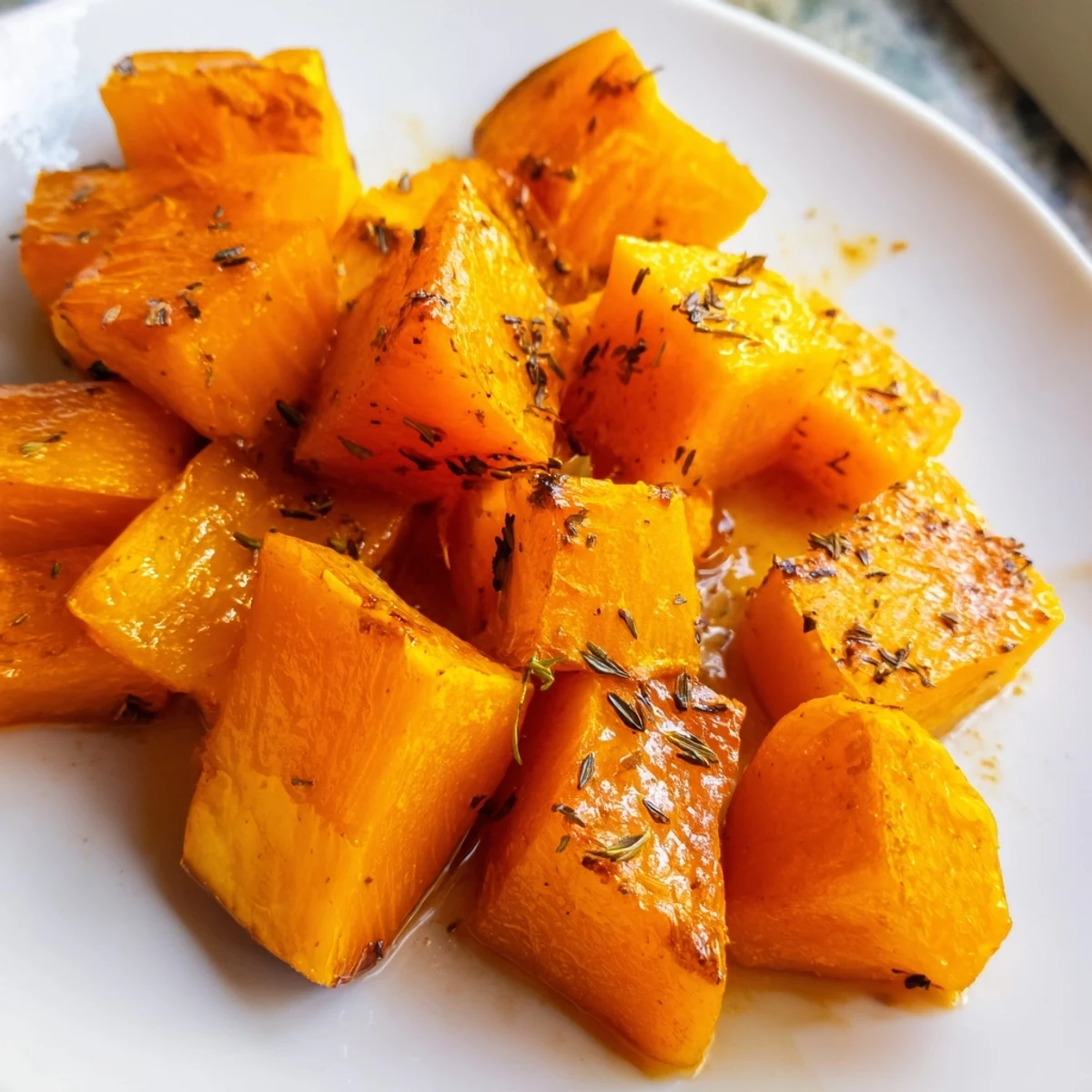 Golden roasted pumpkin cubes seasoned with thyme and paprika, glistening on a baking sheet ready to serve.