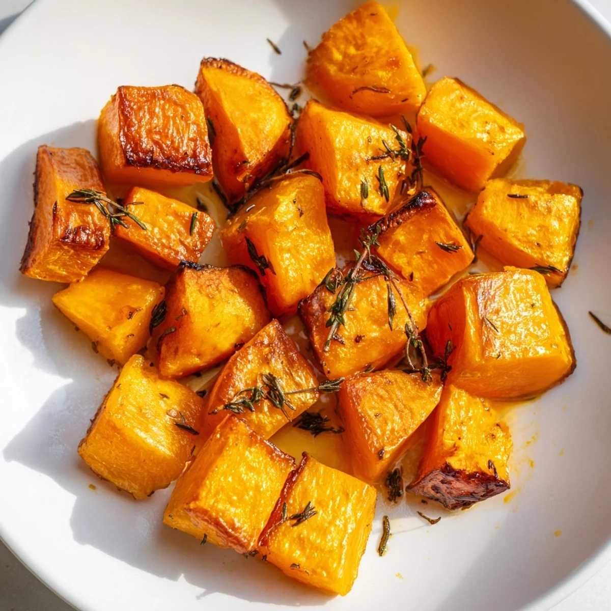 Tender roasted pumpkin cubes with smoked paprika and thyme on a parchment-lined baking sheet, served hot.
