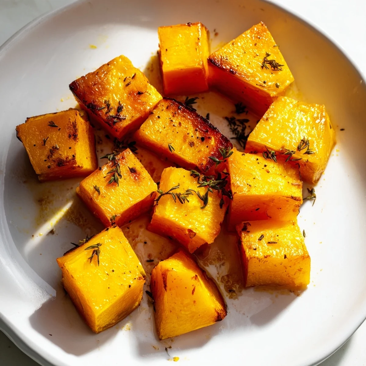 Caramelized roasted pumpkin cubes with herbs on a tray, served as a gluten-free side dish.