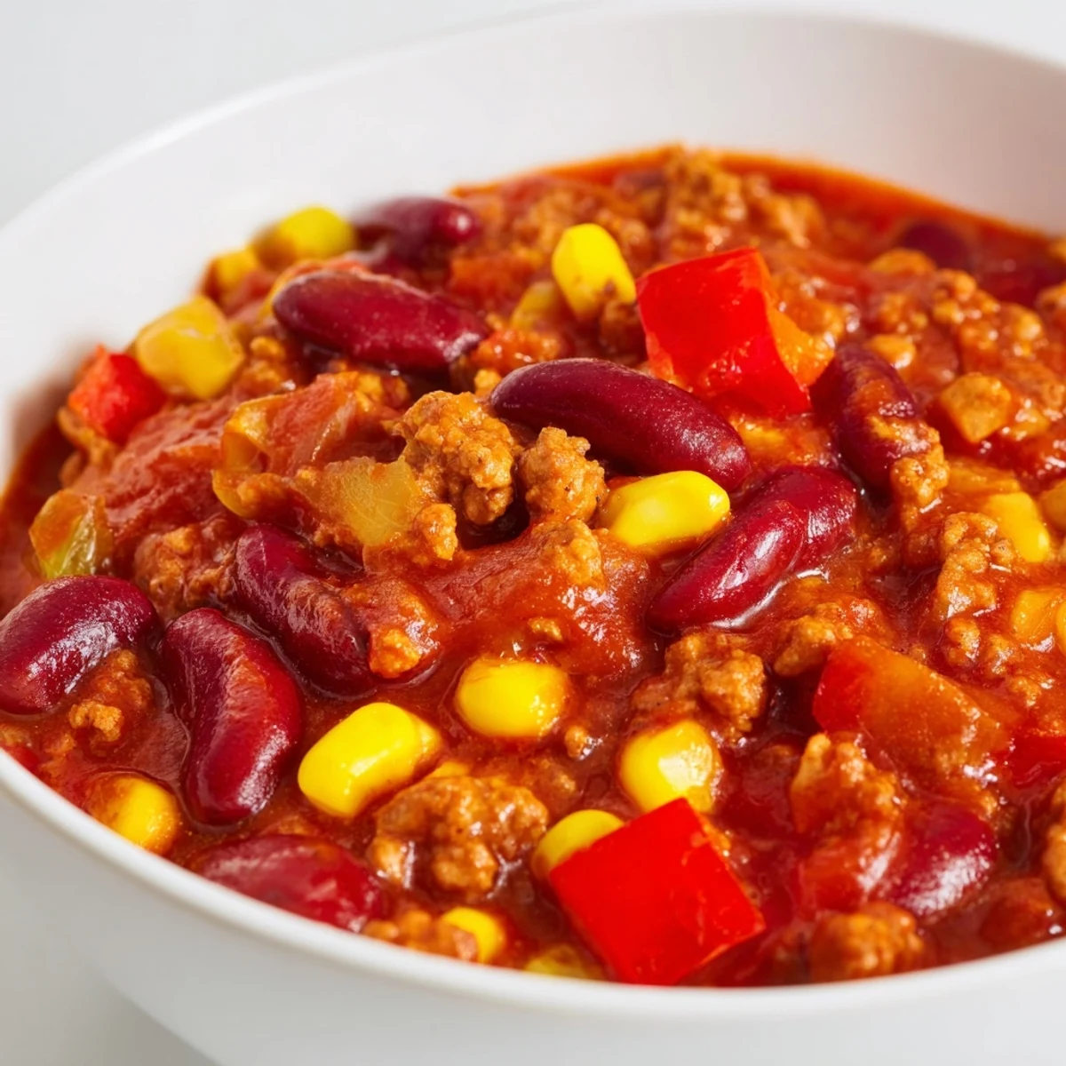 Steaming Turkey Chili with Kidney Beans and Corn is served hot in a rustic bowl, topped with cilantro and a lime wedge.