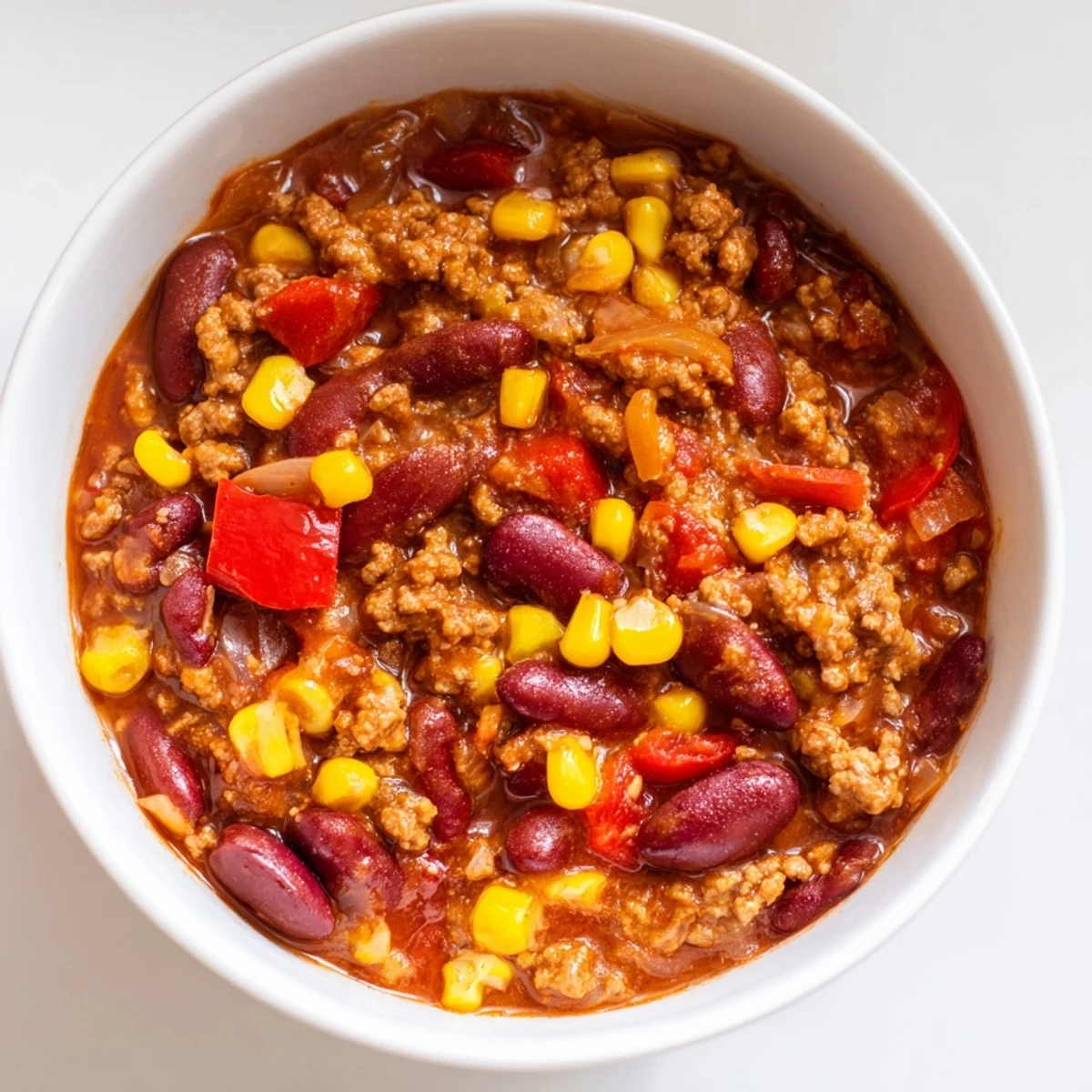 A close-up of Turkey Chili with Kidney Beans and Corn reveals savory ground turkey and spices in a thick, comforting stew.
