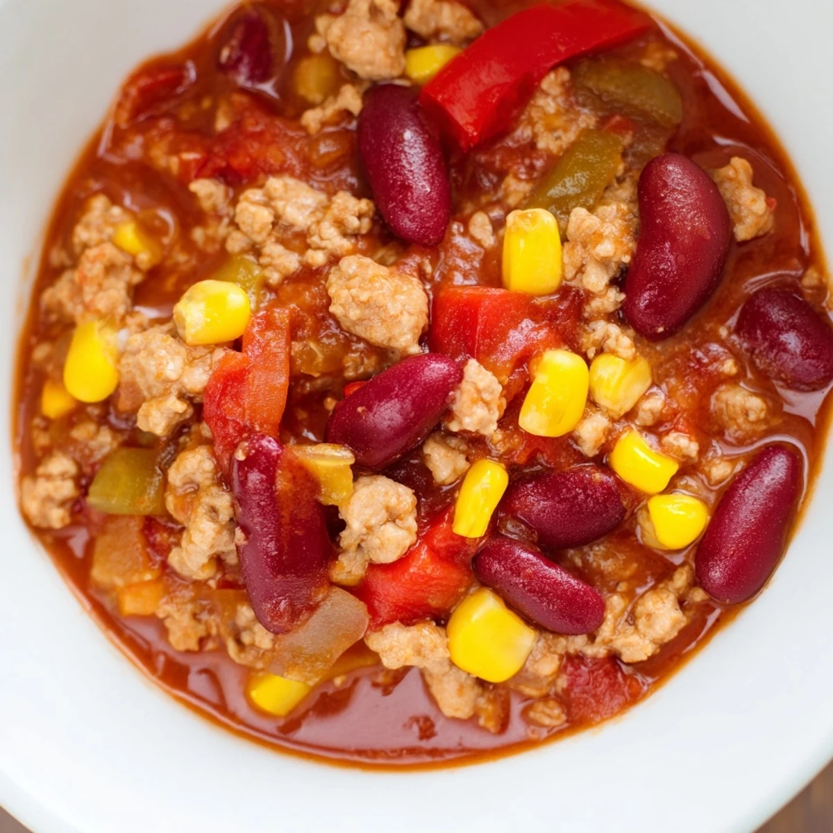 A hearty ladle of Turkey Chili with Kidney Beans and Corn shows tender beans and sweet corn in a rich tomato base.