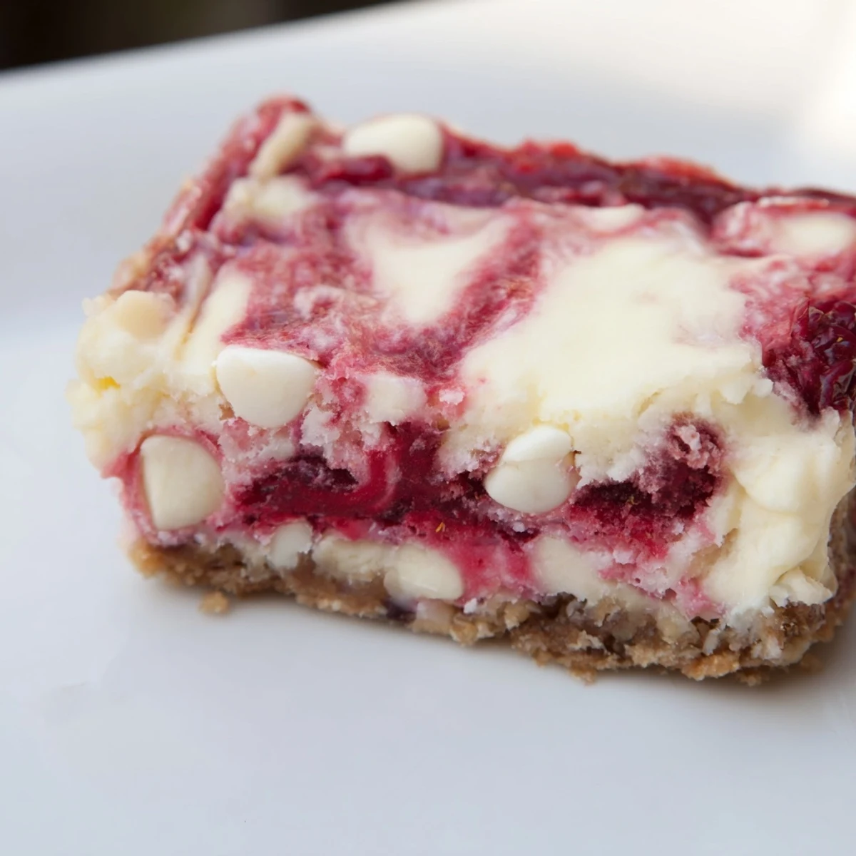 Freshly cut Raspberry White Chocolate Cheesecake Bars reveal a creamy filling and a buttery graham cracker crust. 