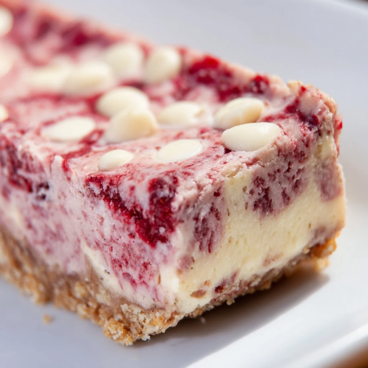A single Raspberry White Chocolate Cheesecake Bar is lifted, showing the crumbly base and rich, tangy layers.
