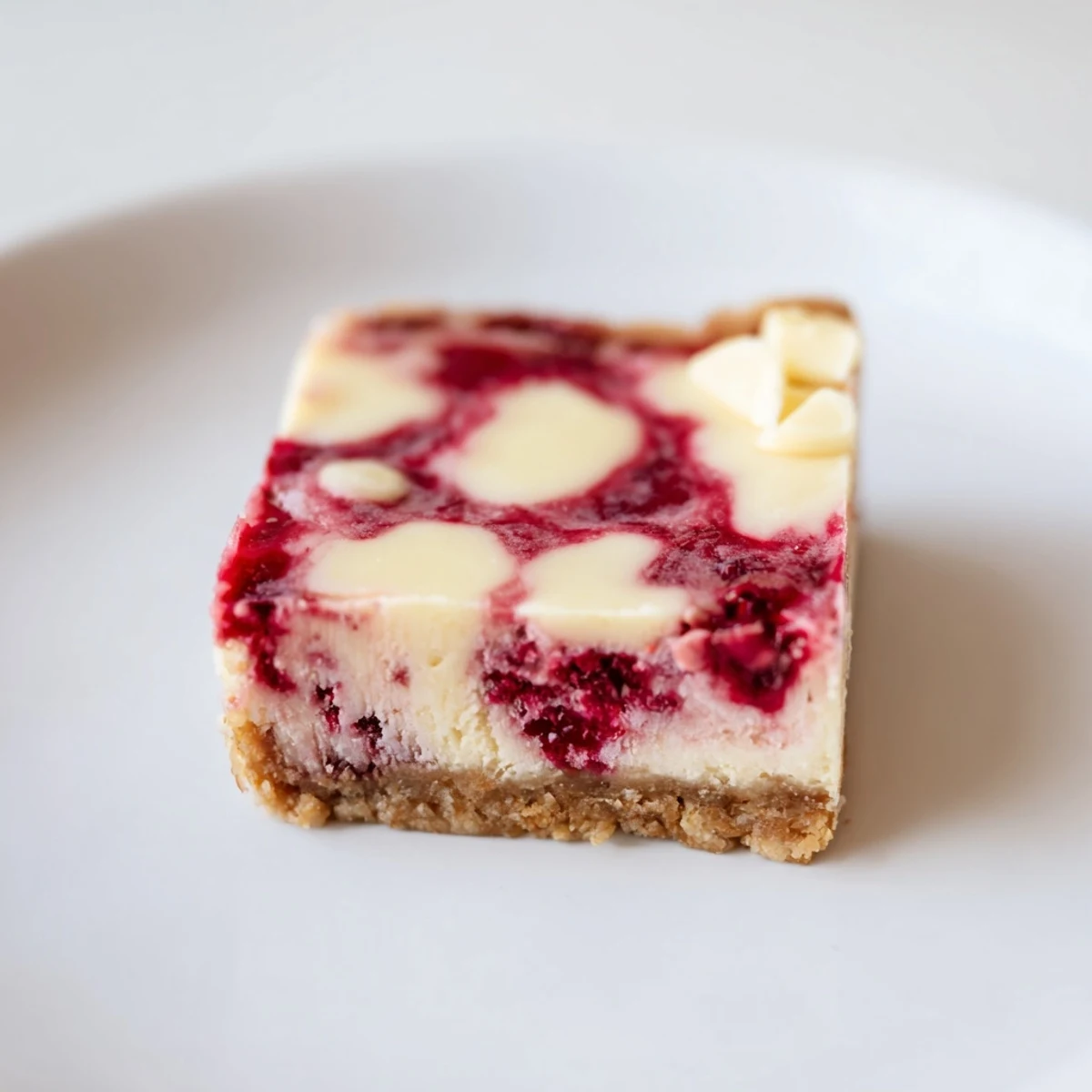 Glossy raspberry swirls and melted white chocolate chips highlight the dessert on a marble serving board. 