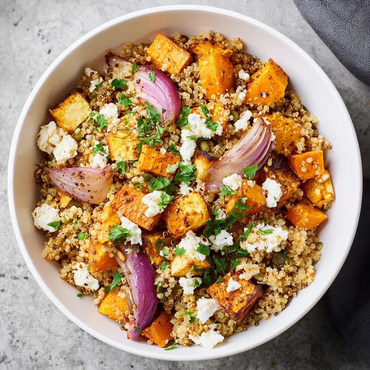 Golden roasted root vegetables and fluffy quinoa in a large serving bowl, drizzled with tangy vinaigrette.