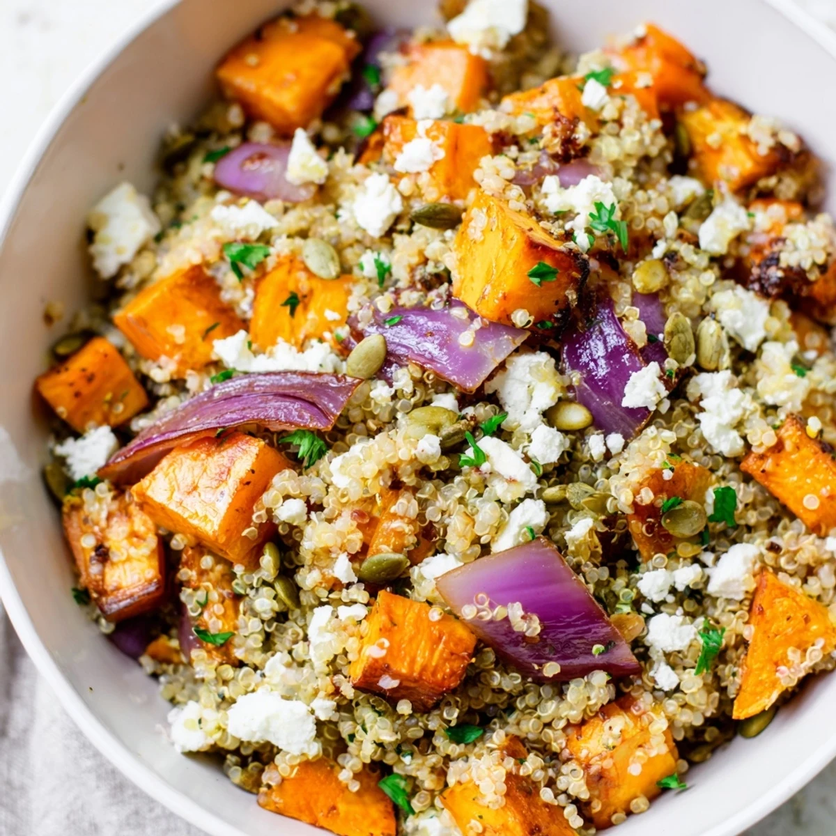 A vibrant plate of Warm Quinoa Salad with roasted carrots, pumpkin seeds, and fresh parsley garnish.