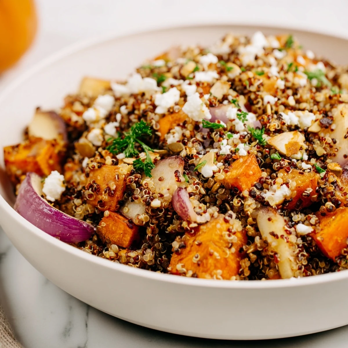 Close-up of caramelized sweet potato and parsnip pieces mixed with quinoa, topped with crumbled feta.